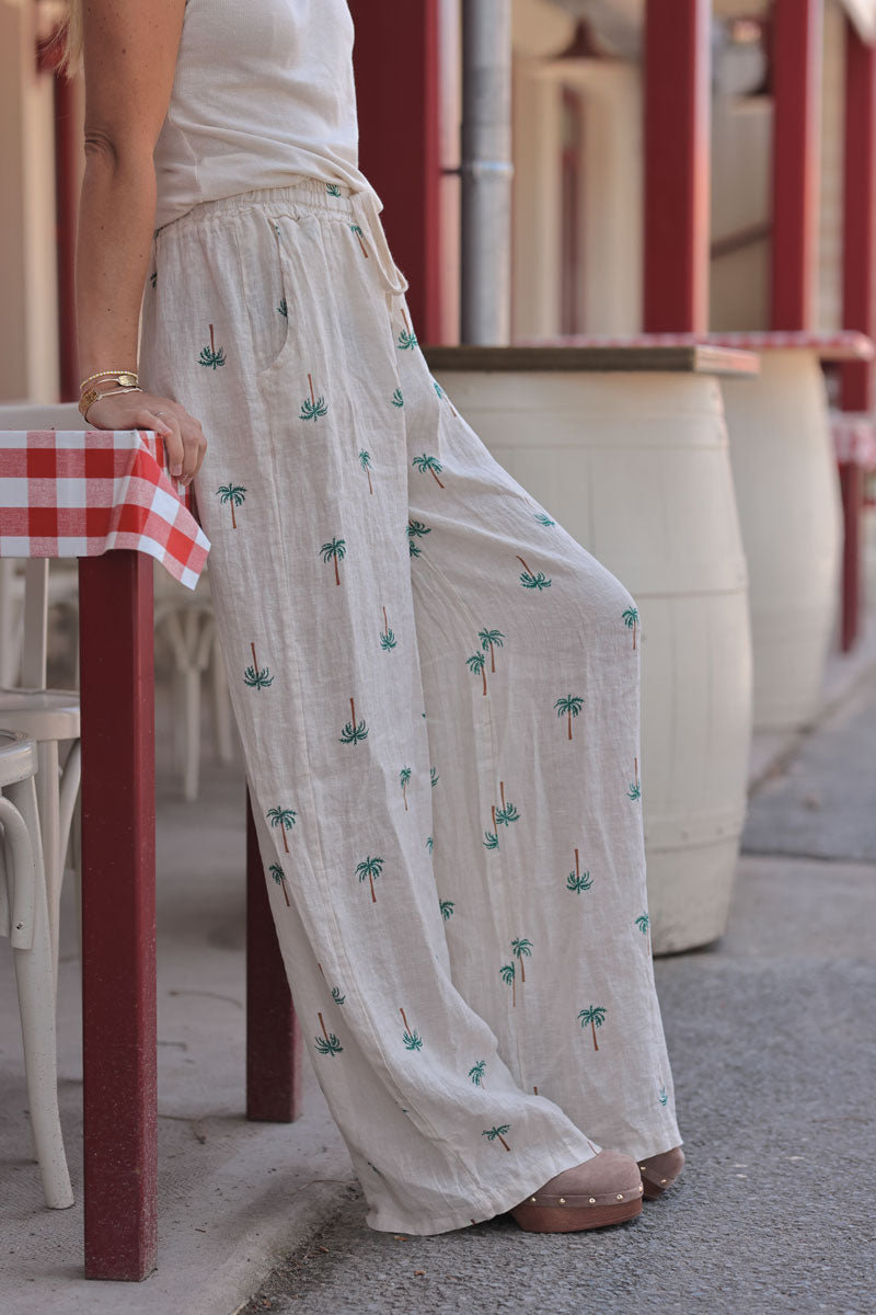 Beige Linen Embroidered Palms Pants