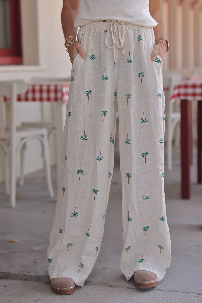 Beige Linen Embroidered Palms Pants