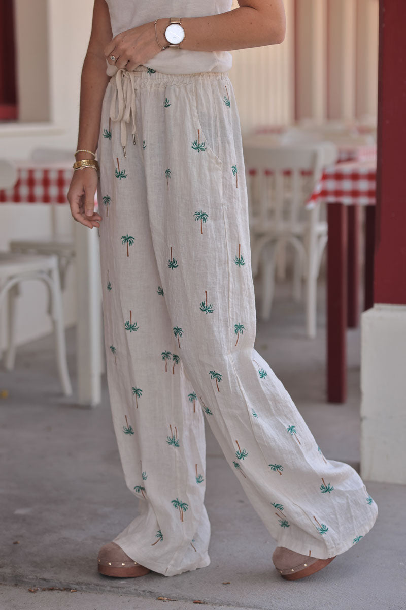 Beige Linen Embroidered Palms Pants