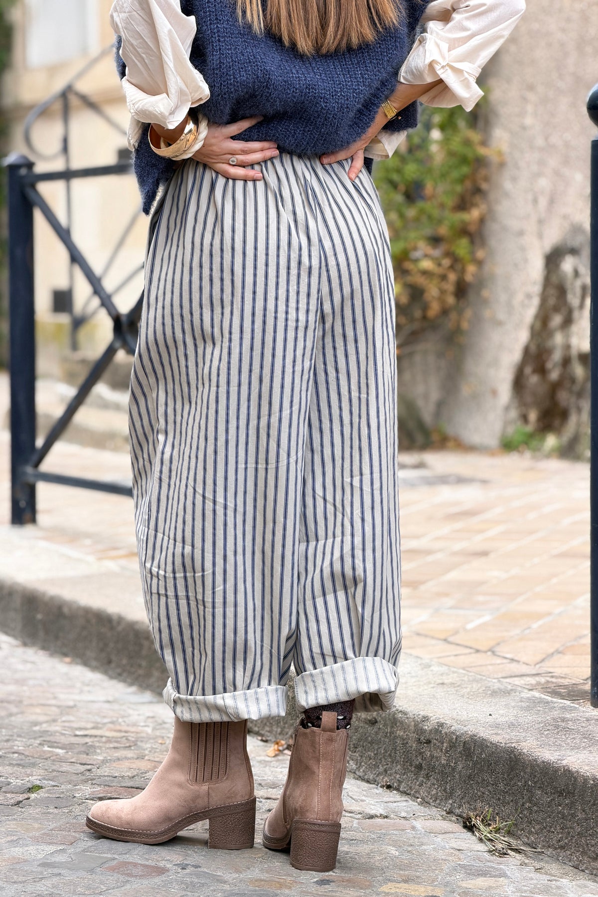 Beige Wide-Leg Pinstripe Pants