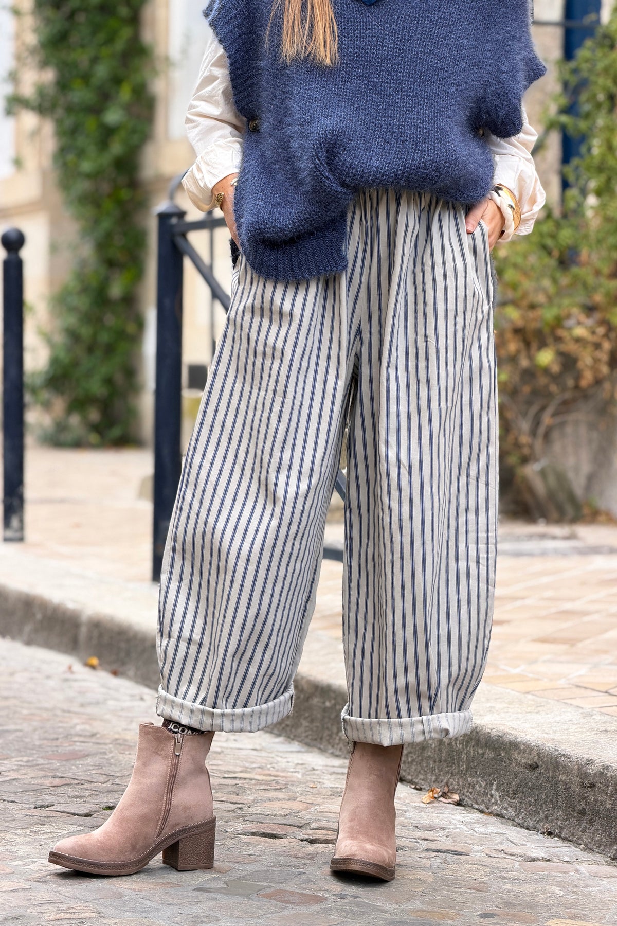 Beige Wide-Leg Pinstripe Pants
