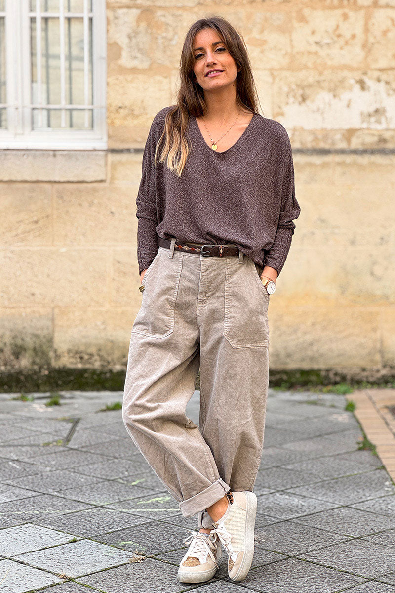Pantalon beige en velours côtelé coupe ballon avec ceinture broderie aztèque
