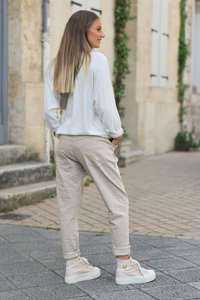 Pantalon confort beige foncé en toile stretch étoile brillante paillettes