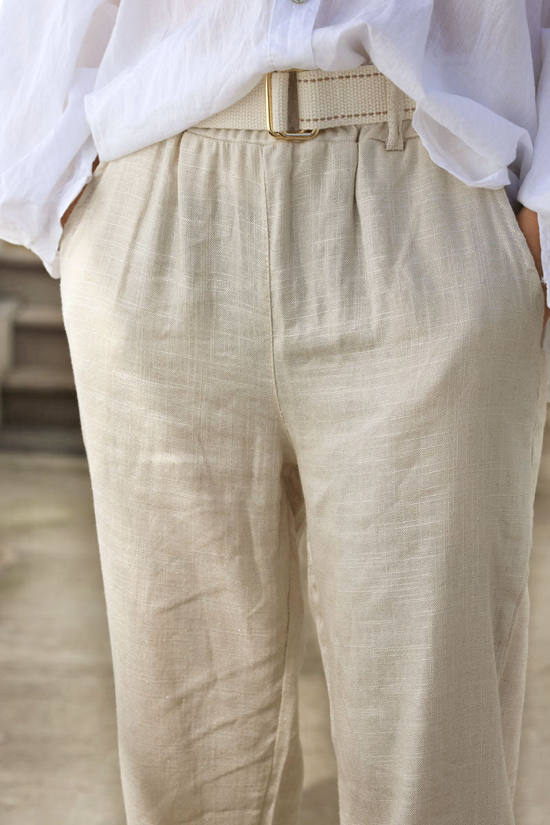 Metalic silver and beige supple linen trousers with fabric belt