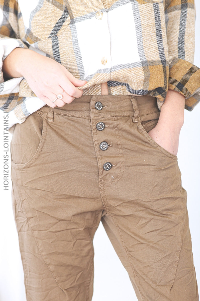 Pantalon bi matiere toile jersey confort souple stretch taille haute camel (1)