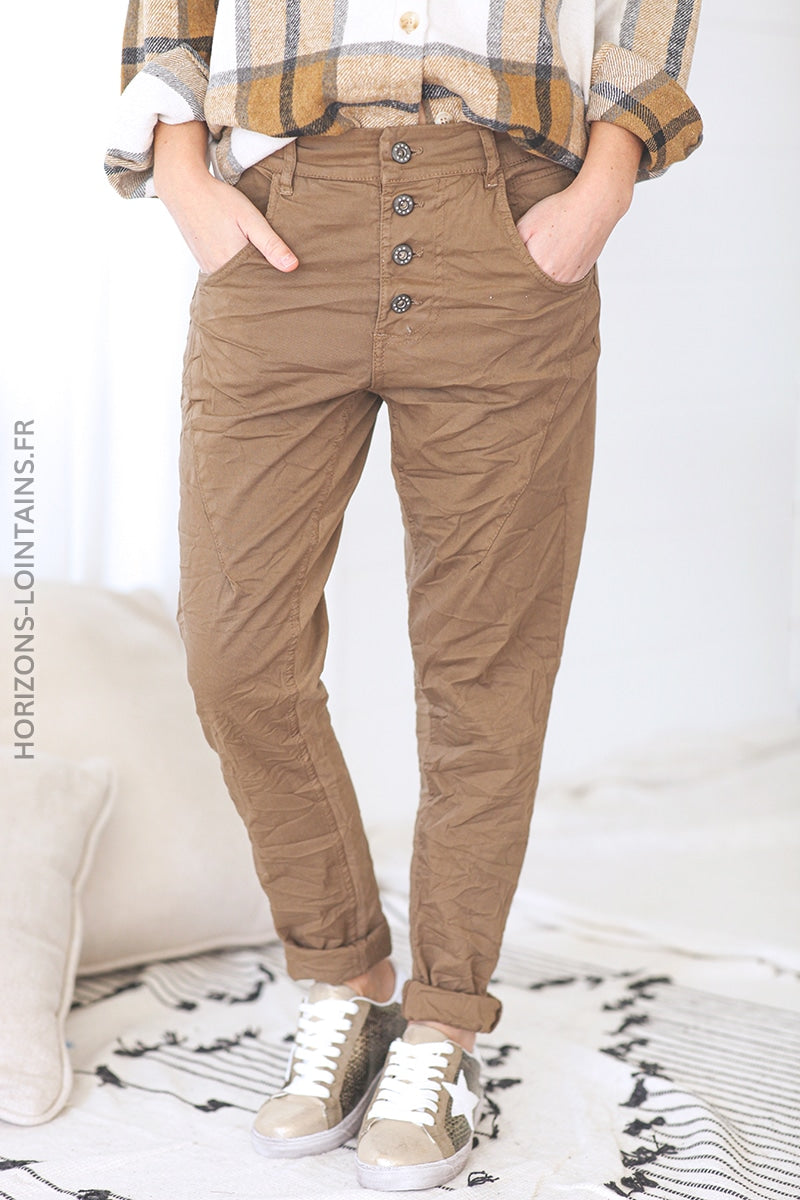 Pantalon bi matiere toile jersey confort souple stretch taille haute camel (1)