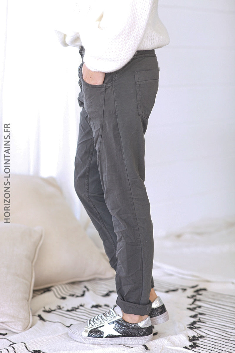 Pantalon bi matiere toile jersey confort souple stretch taille haute gris foncé (1)