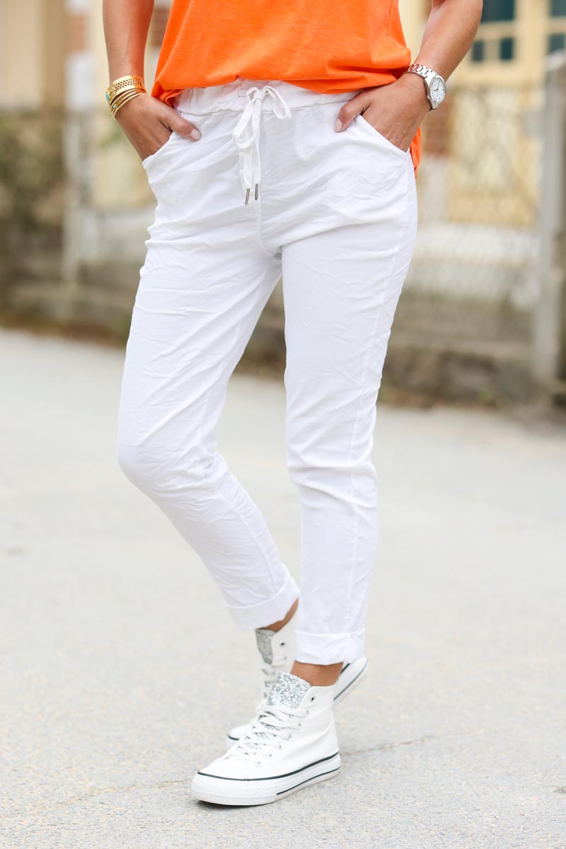 White creased effect trousers elasticated waist
