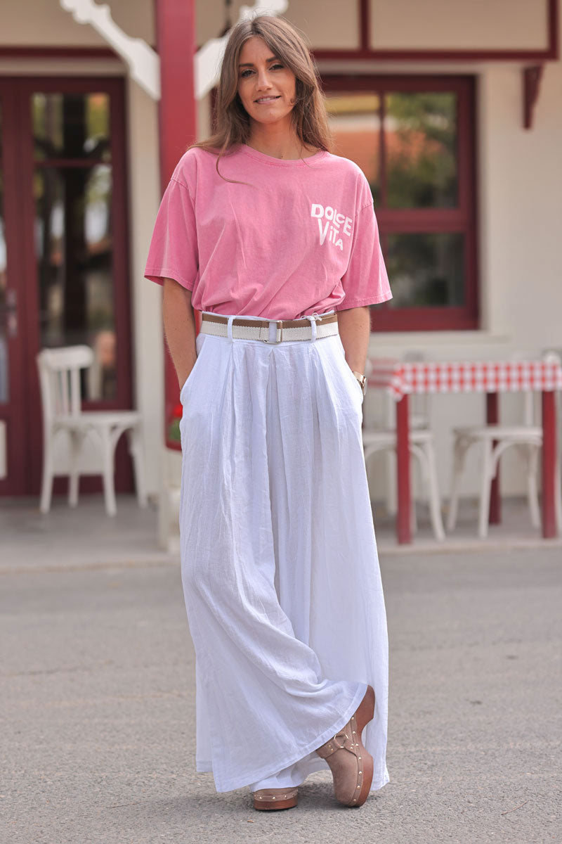 White Gauze Belted Ultra Wide-Leg Pants