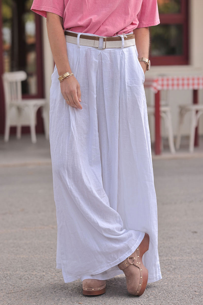 White Gauze Belted Ultra Wide-Leg Pants