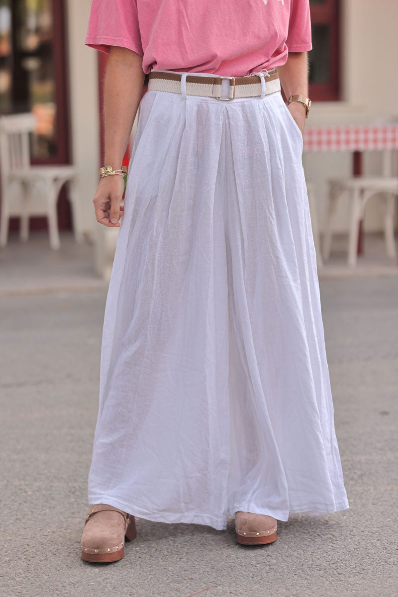 White Gauze Belted Ultra Wide-Leg Pants