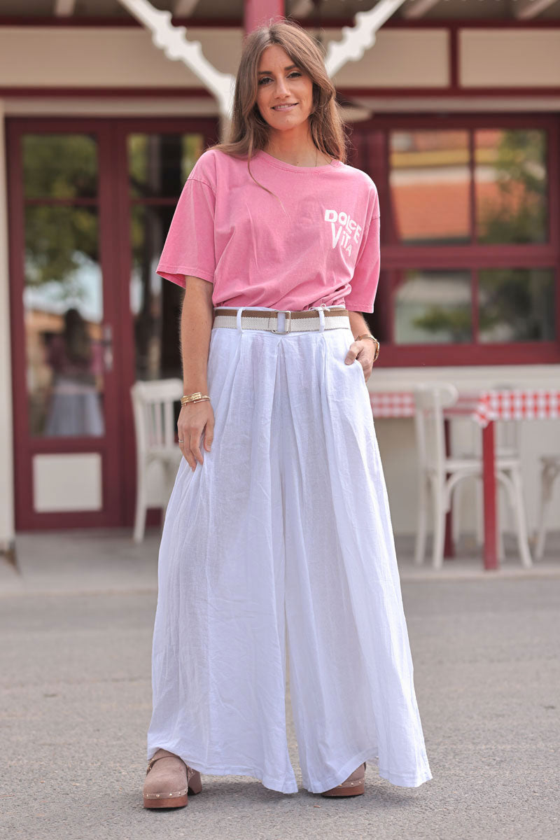 White Gauze Belted Ultra Wide-Leg Pants