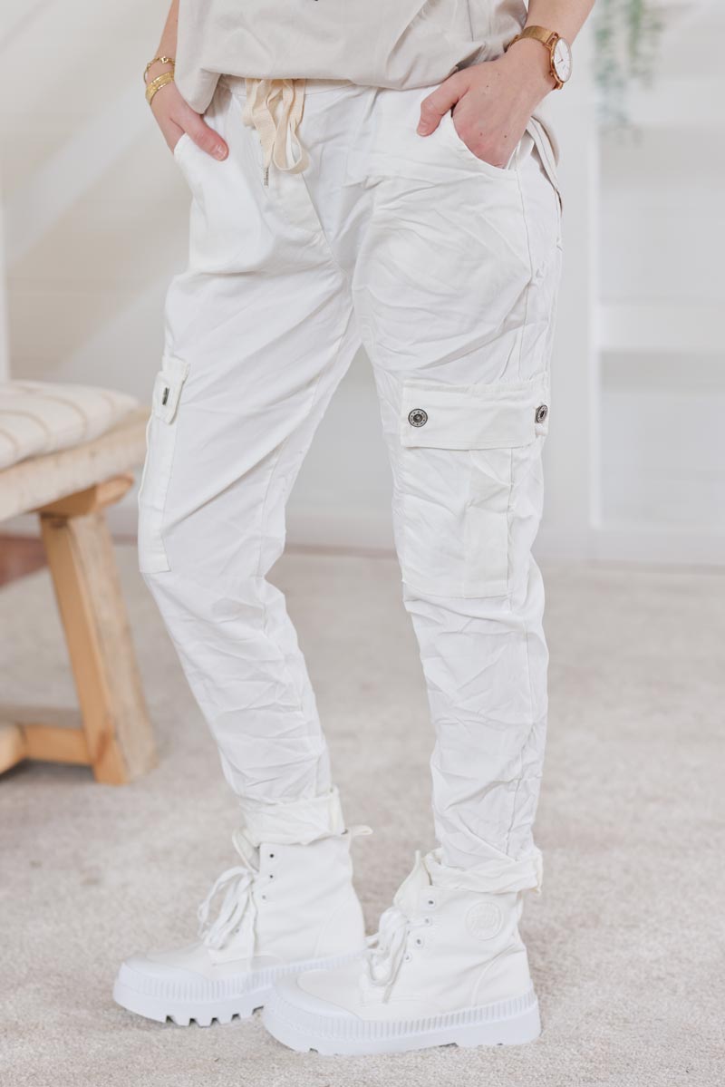 White stretch canvas pants with silver elastic belt - Horizons