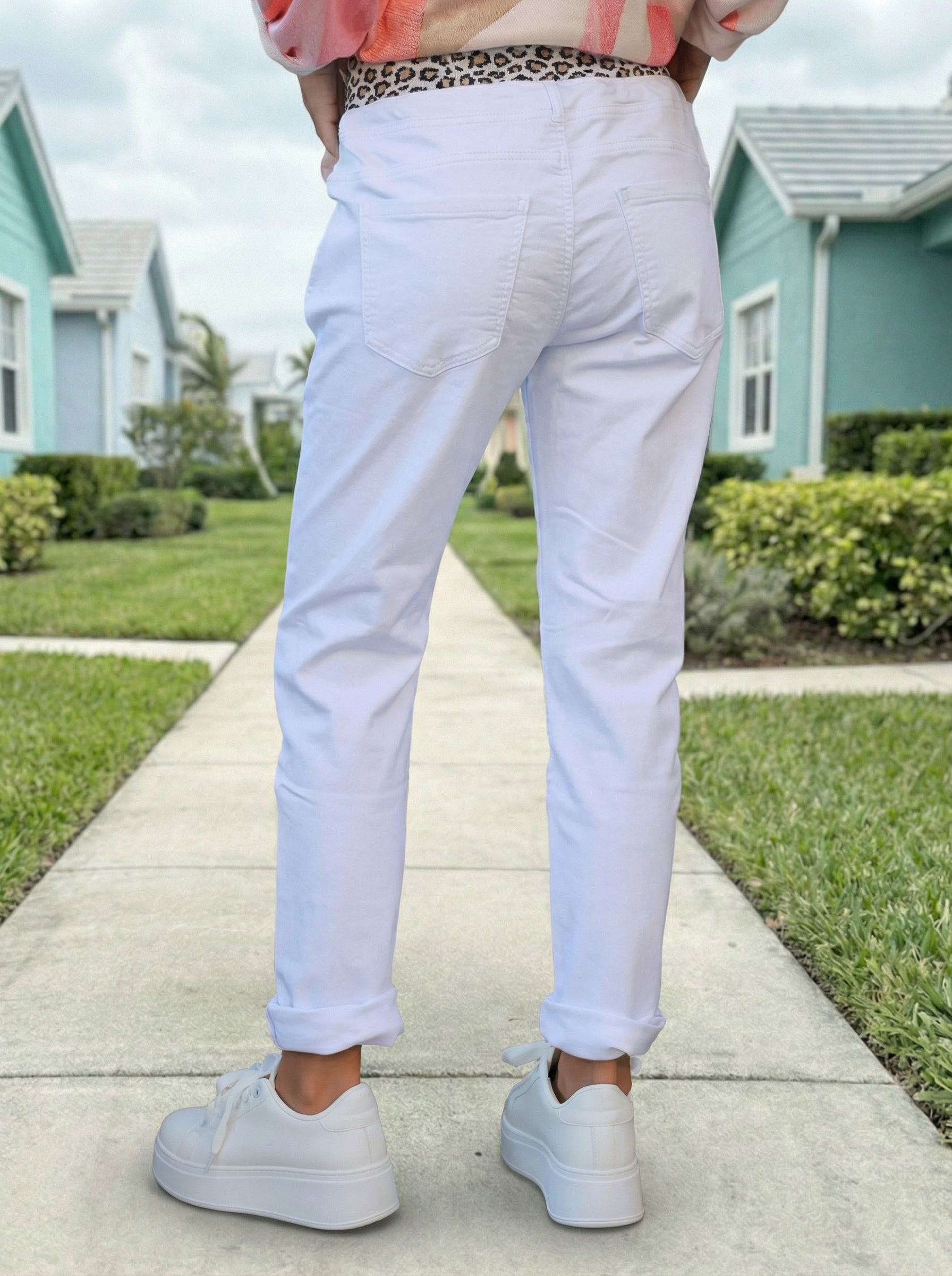 White Stretch Leopard Waist Joggers