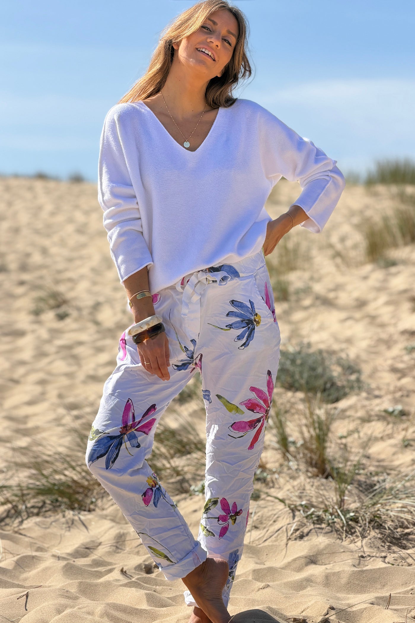 White Floral Art Print Pull-On Pants