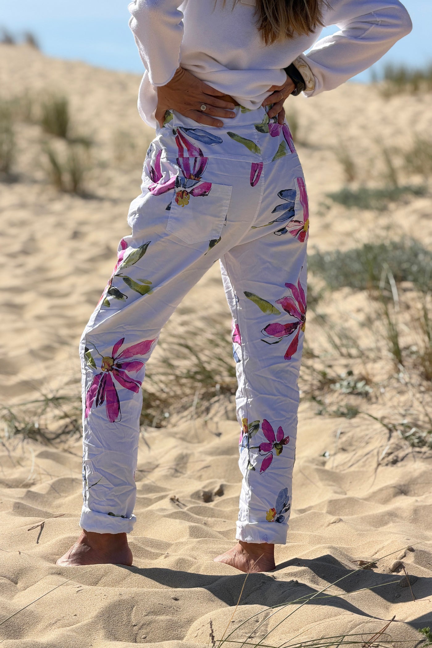 White Floral Art Print Pull-On Pants
