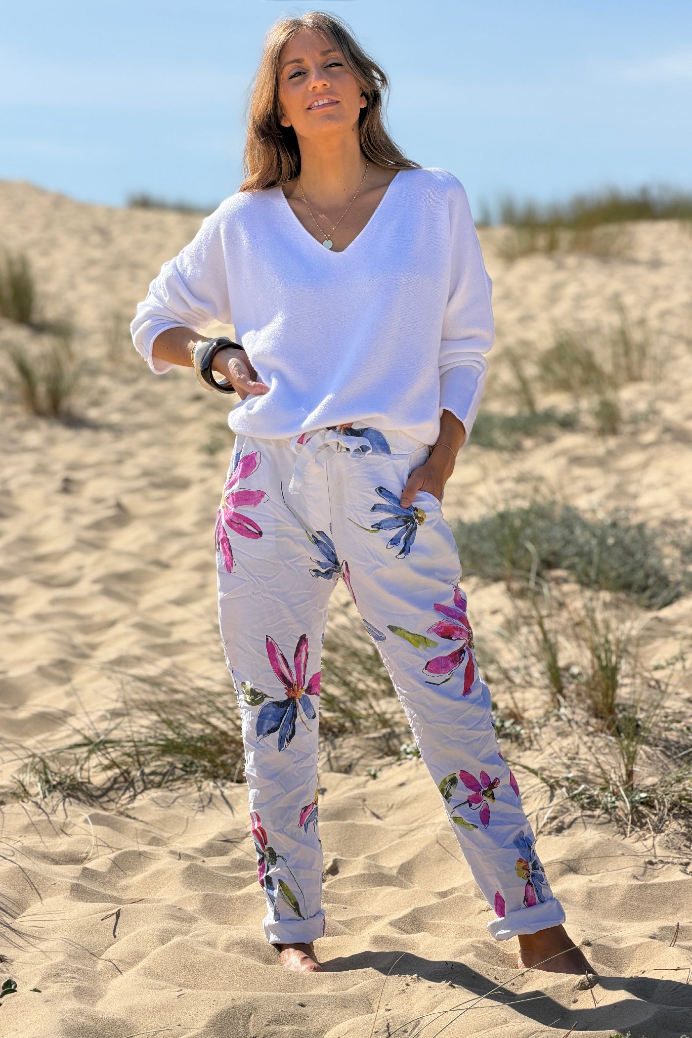 White Floral Art Print Pull-On Pants