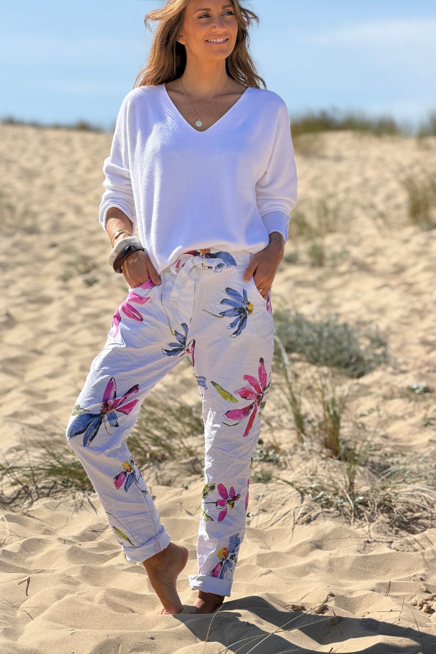 White Floral Art Print Pull-On Pants