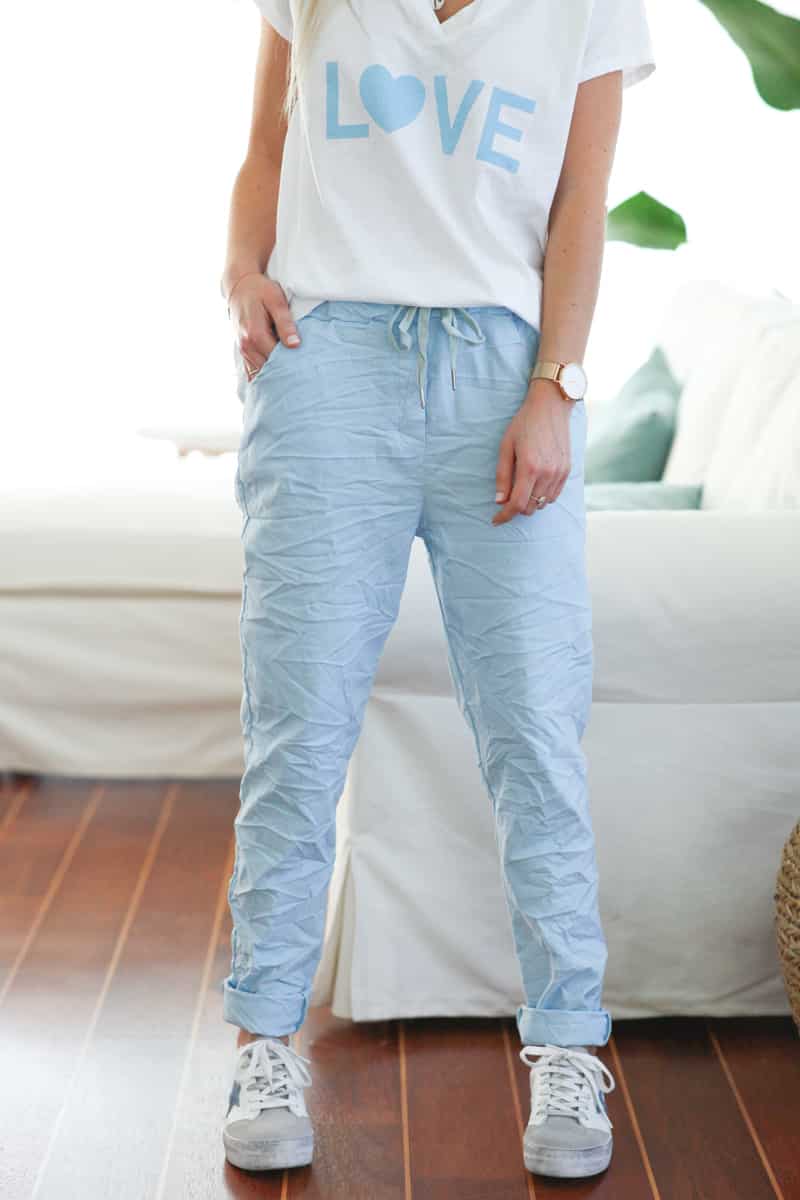 Sky blue creased effect trousers elasticated waist
