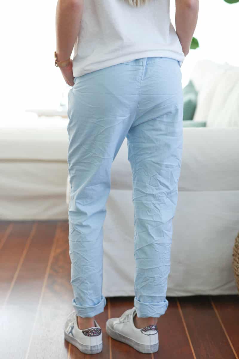 Sky blue creased effect trousers elasticated waist