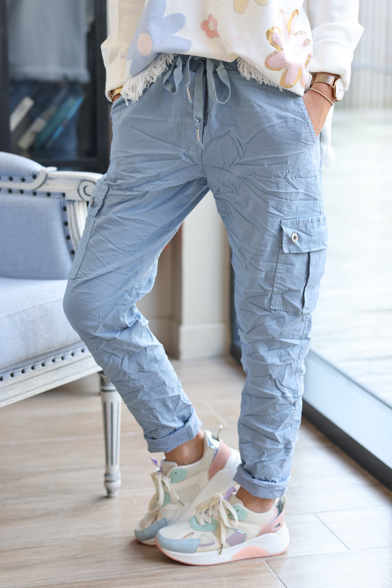 Light dusty blue comfort stretch cargo trousers slim fit
