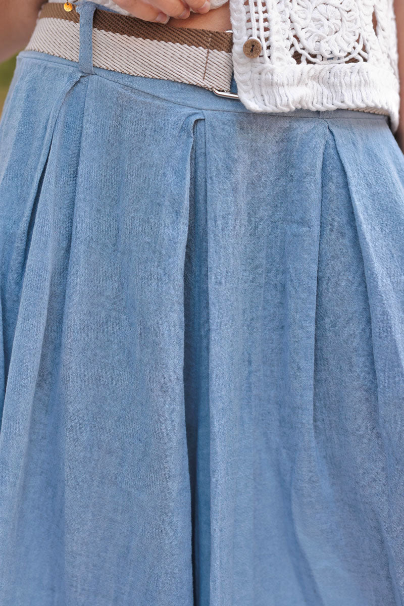 Blue Gauze Belted Ultra Wide-Leg Pants