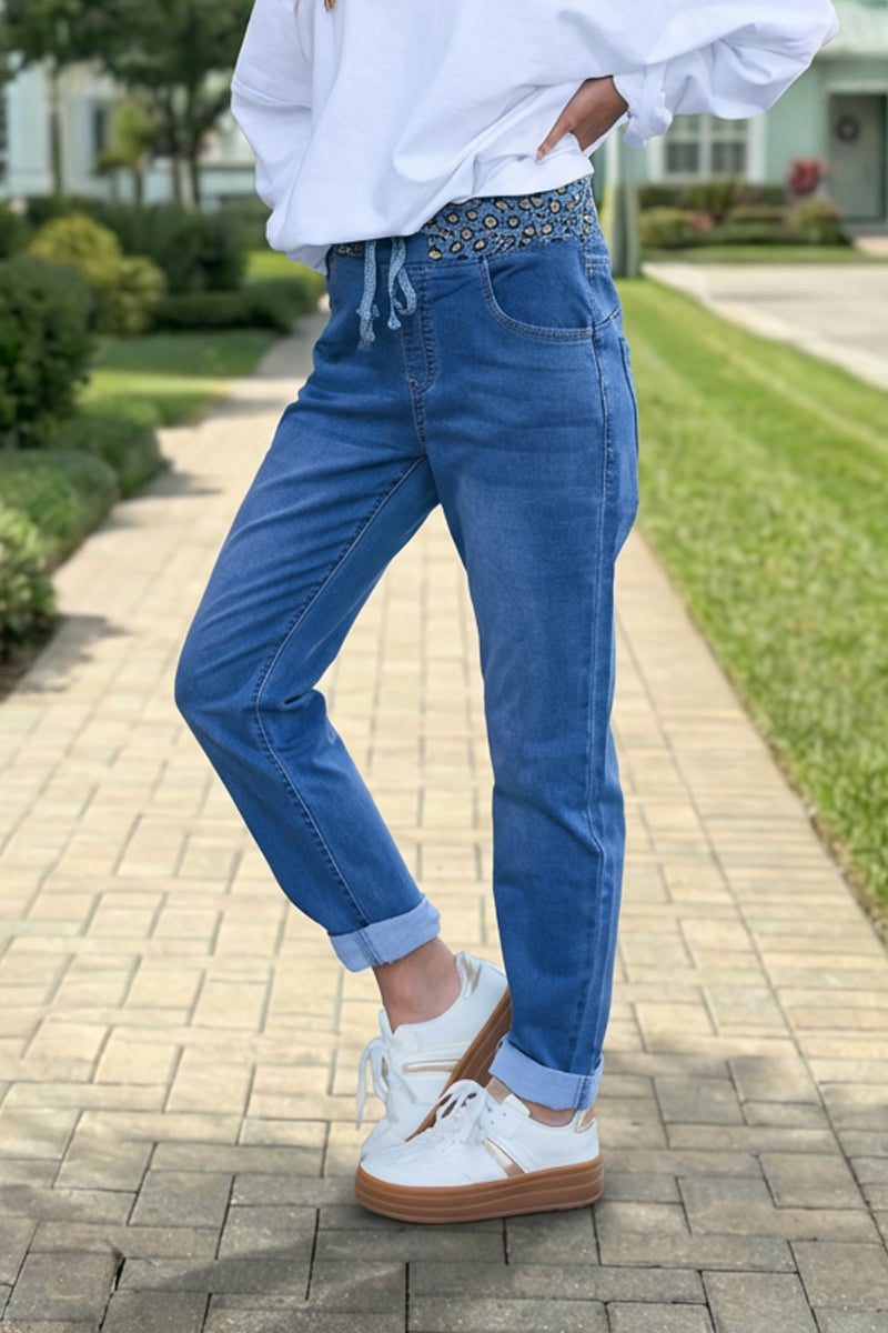 Denim Stretch Leopard Waist Joggers