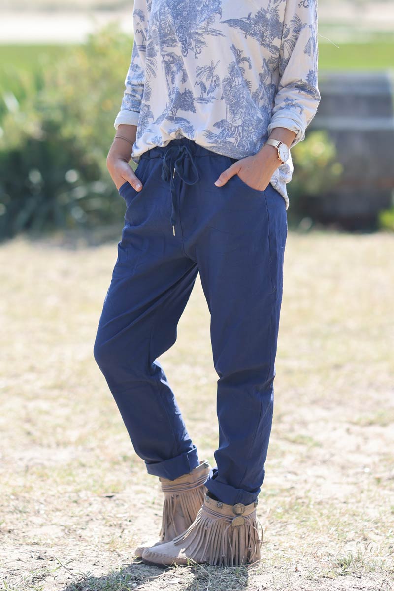 Pantalon bleu marine confort stretch ceinture élastique