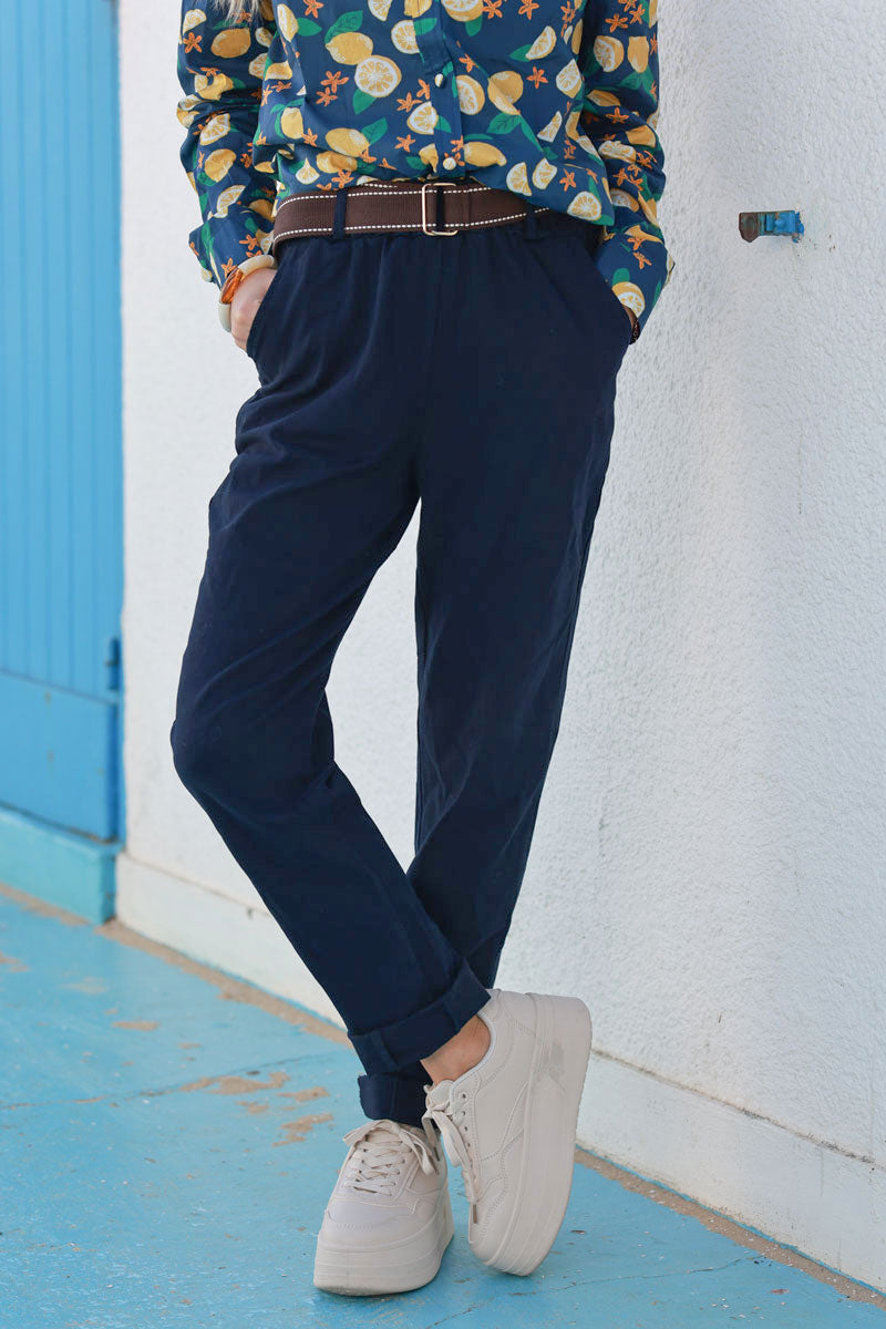 Navy Blue Straight cut Pants with Belt