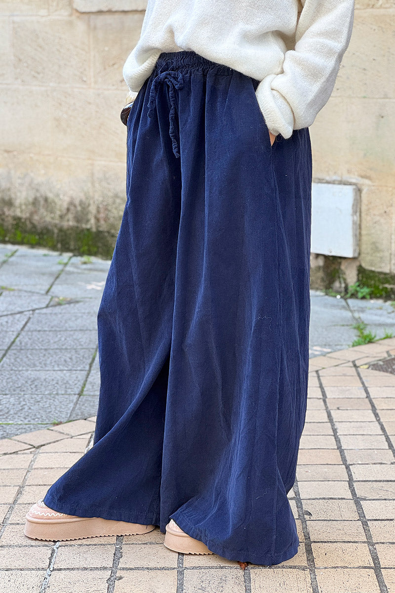 Navy Blue Cotton Wide-Leg Pants