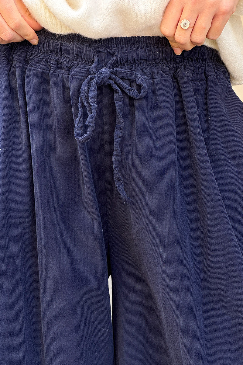 Navy Blue Cotton Wide-Leg Pants