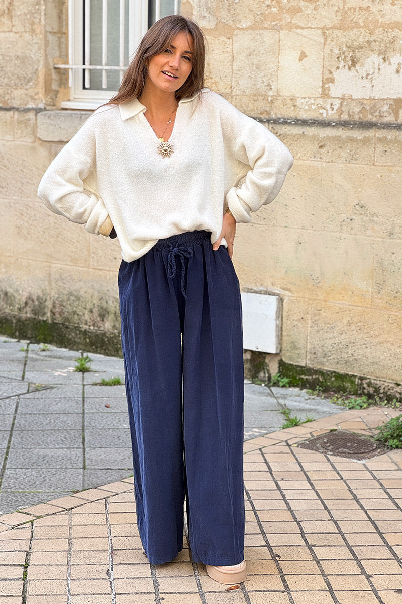 Navy Blue Cotton Wide-Leg Pants