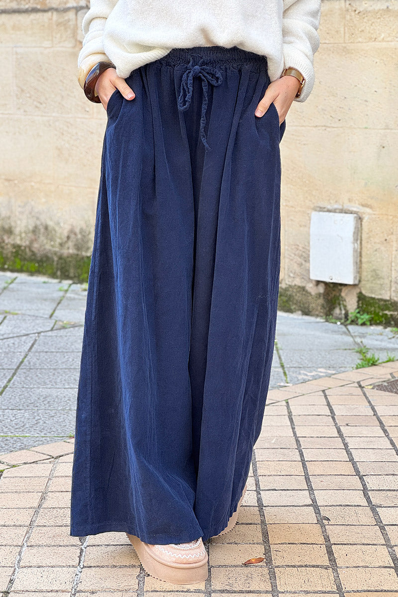 Navy Blue Cotton Wide-Leg Pants