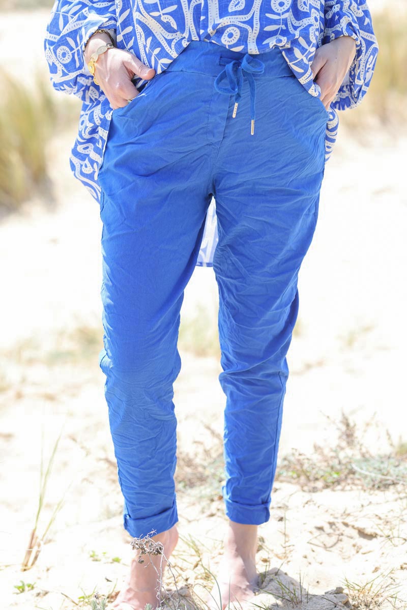Royal blue creased effect trousers elasticated waist