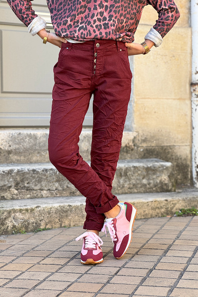 Slim Fit Burgundy Jeans with Silver Ankle Hem Edging