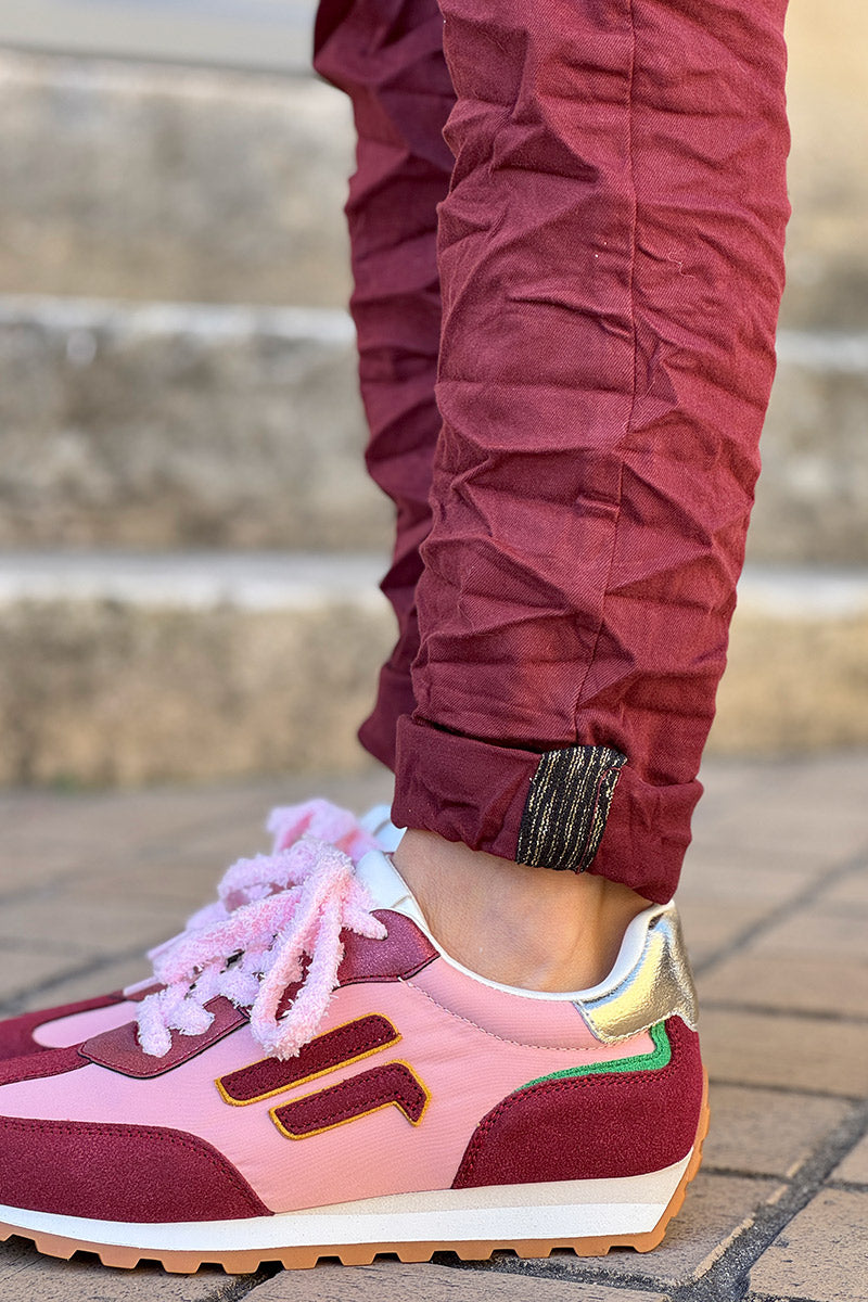 Slim Fit Burgundy Jeans with Silver Ankle Hem Edging