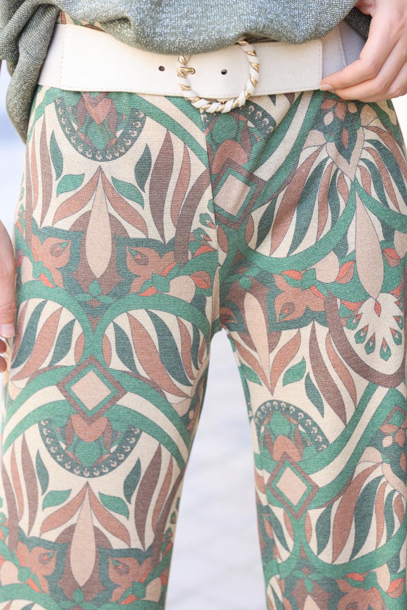 Pantalon brillant imprime ethnique vert G188 (1)