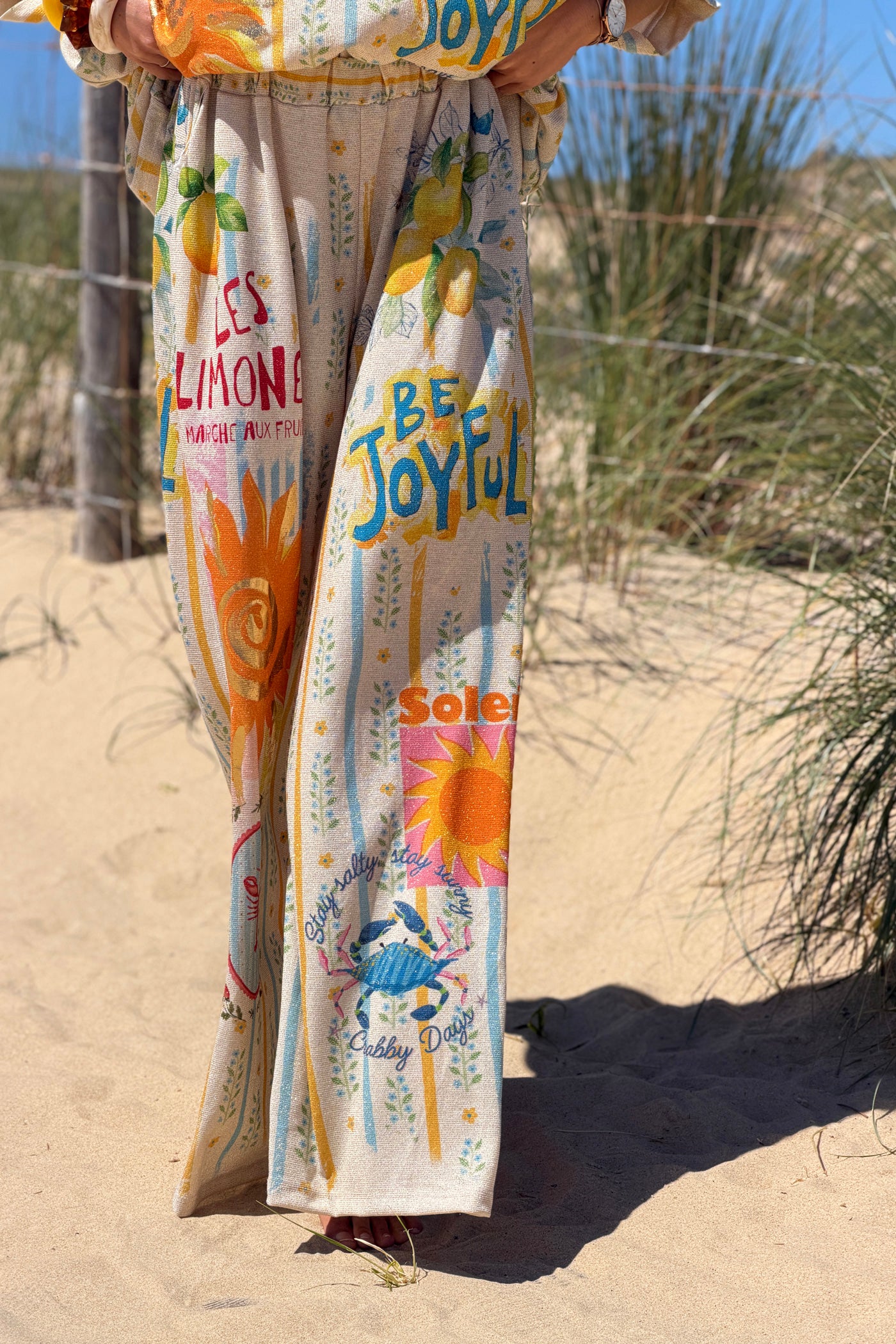 Cream “Be Joyful” Glitter Knit Lemon Stripe Pants