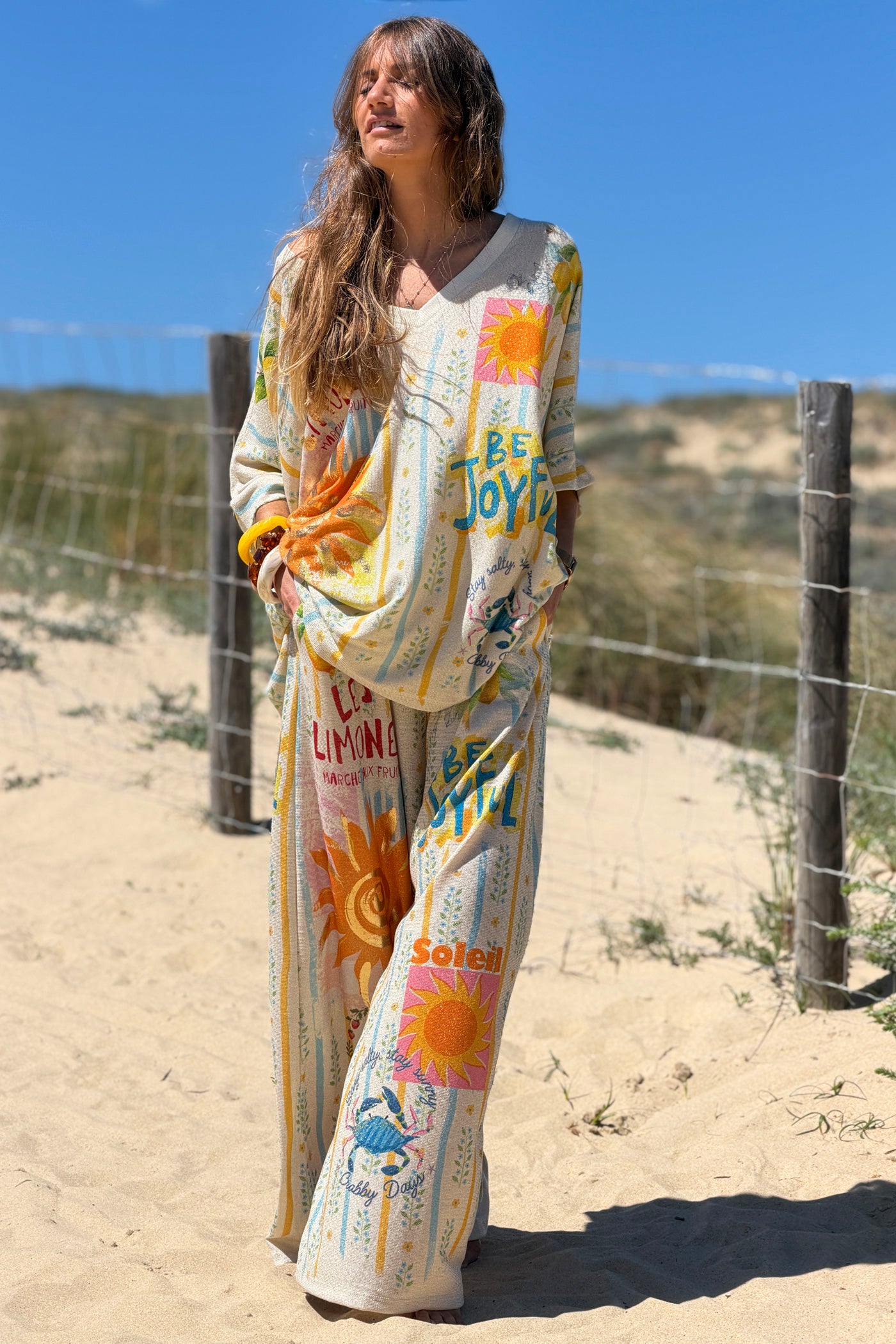 Pantalon brillant lurex large et fluide imprime rayures Soleil et Limones citrons