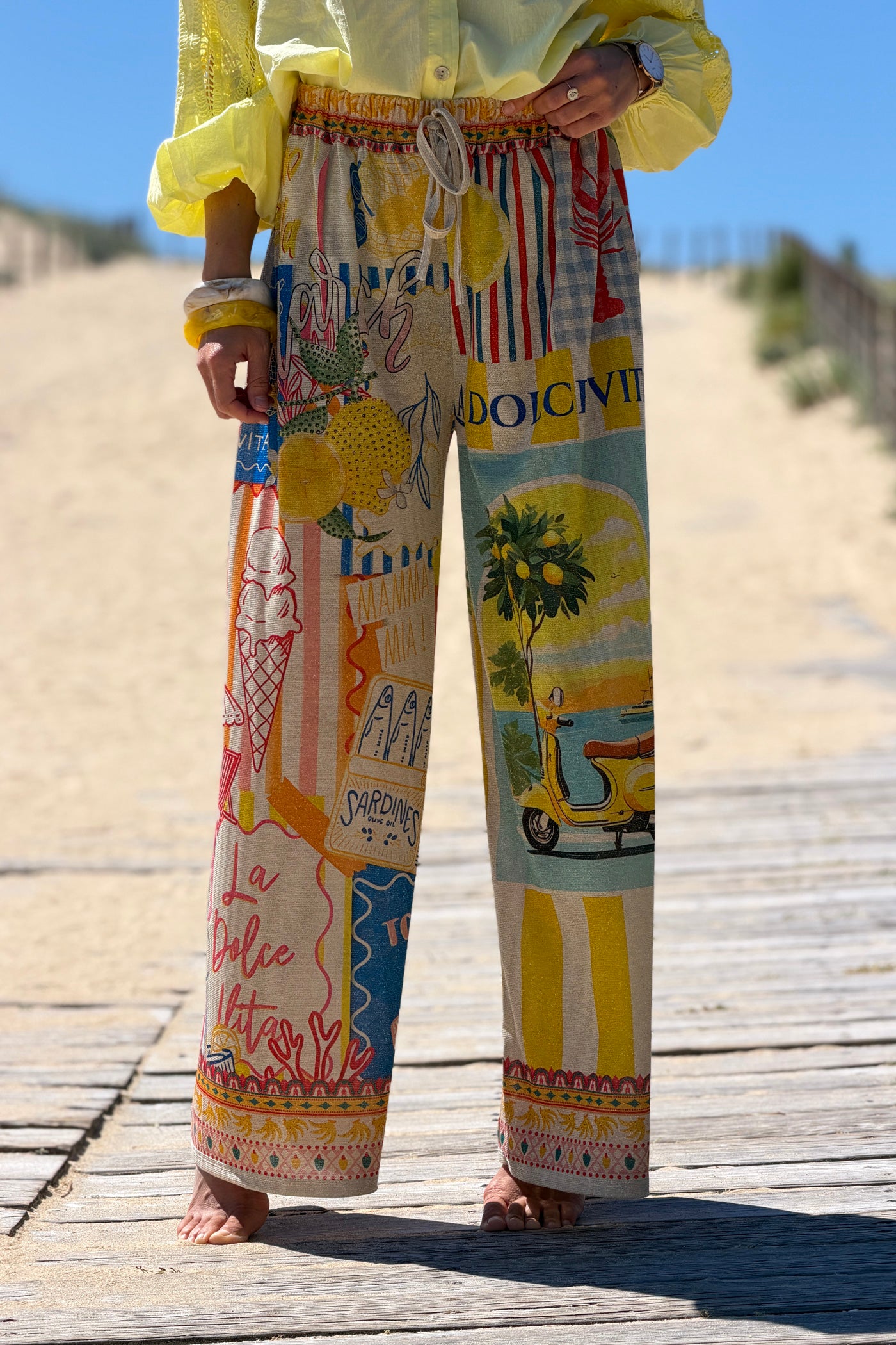 Cream Mediterranean Vintage Postcard Glitter Knit Pants 
