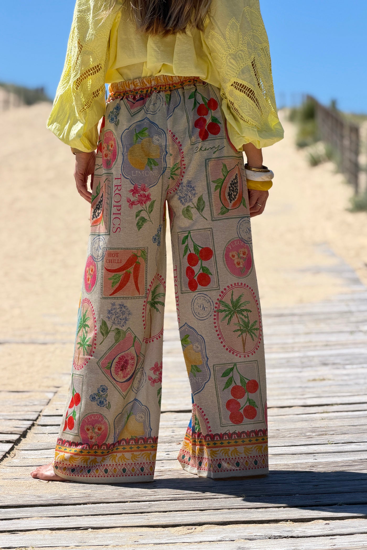 Cream Mediterranean Vintage Postcard Glitter Knit Pants 
