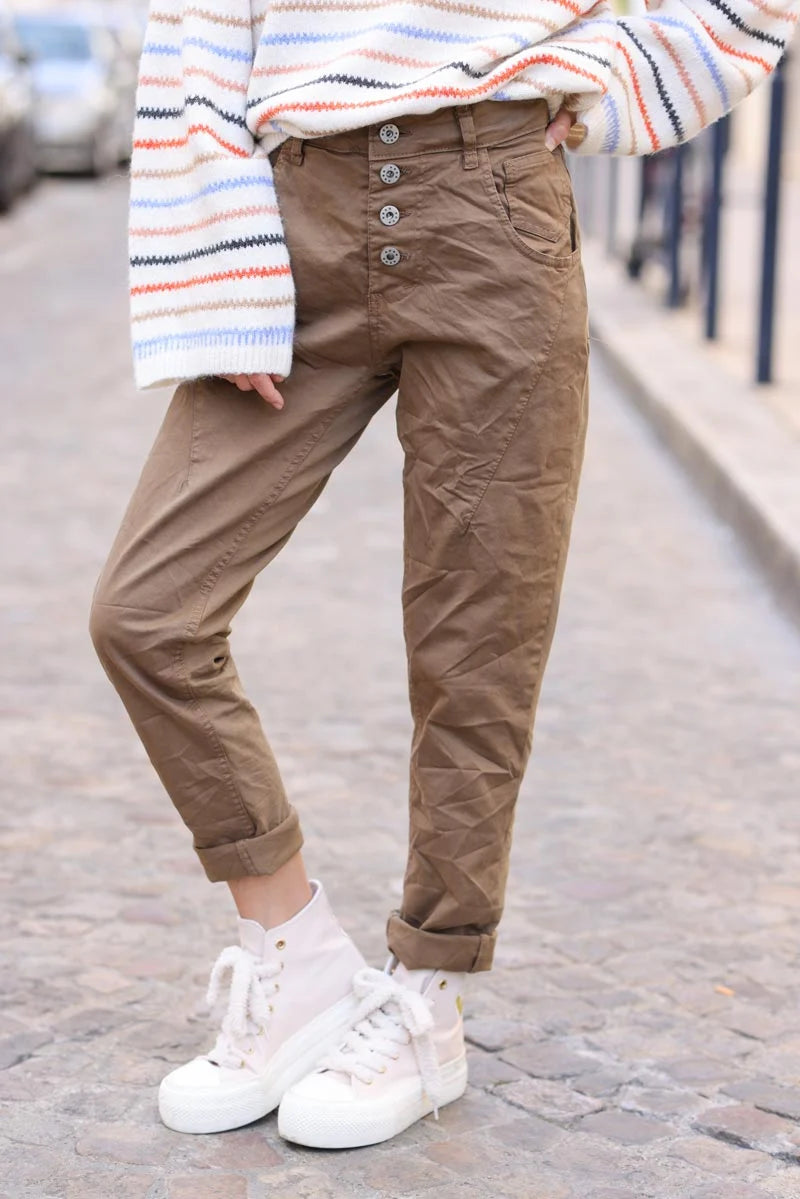 Camel coloured bi-material trousers with buttons