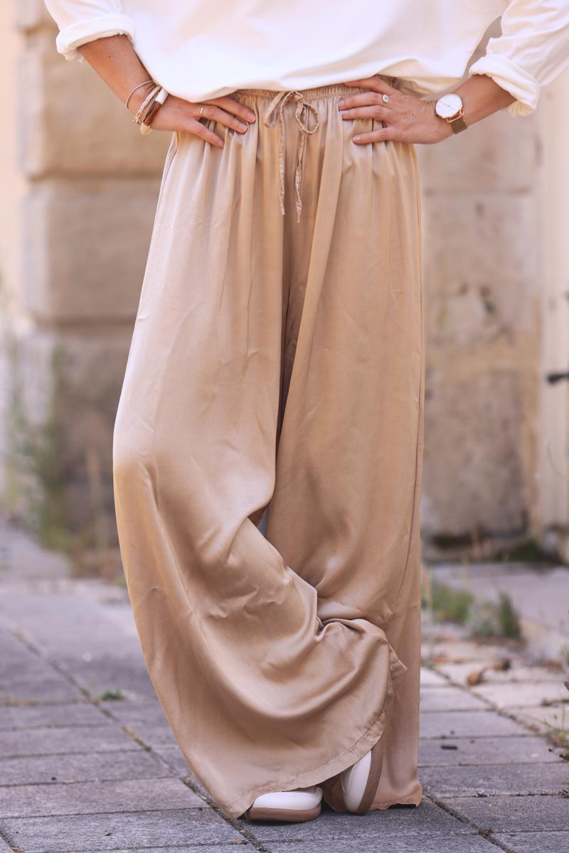 Light camel silky wide leg floaty pants