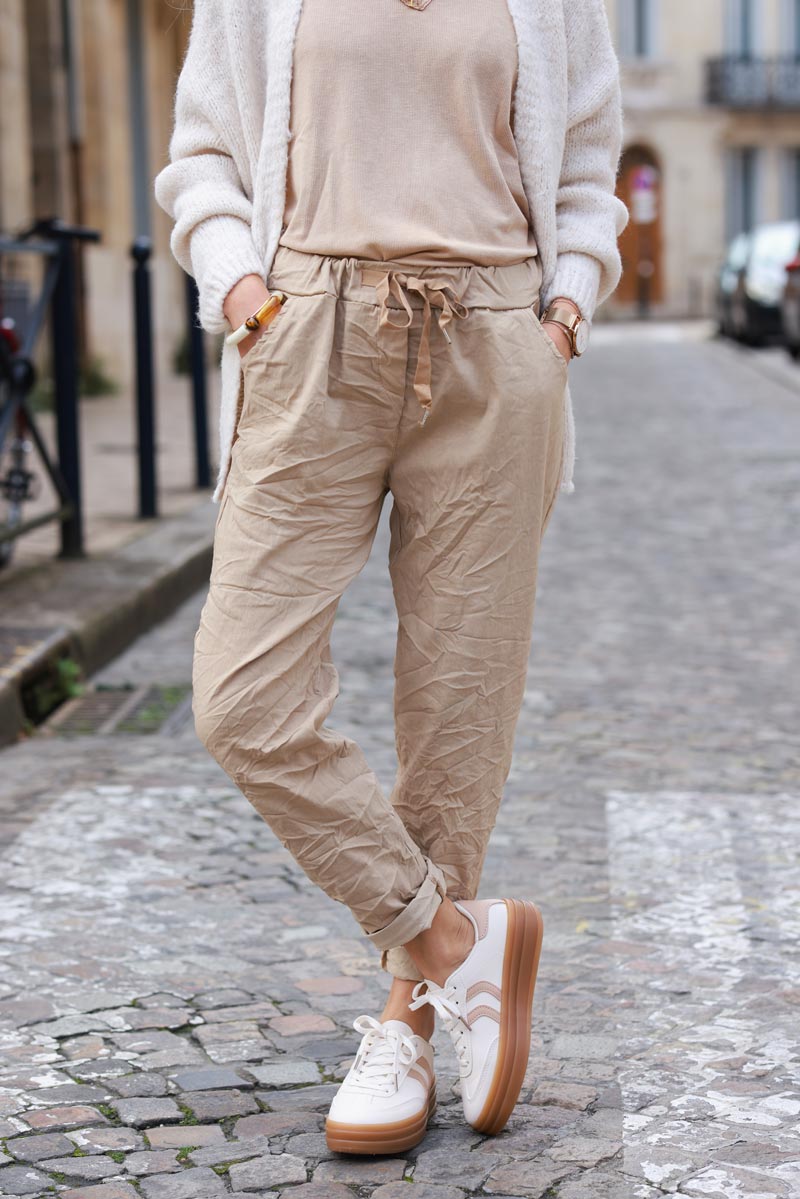 Ice Brown creased effect trousers elasticated waist