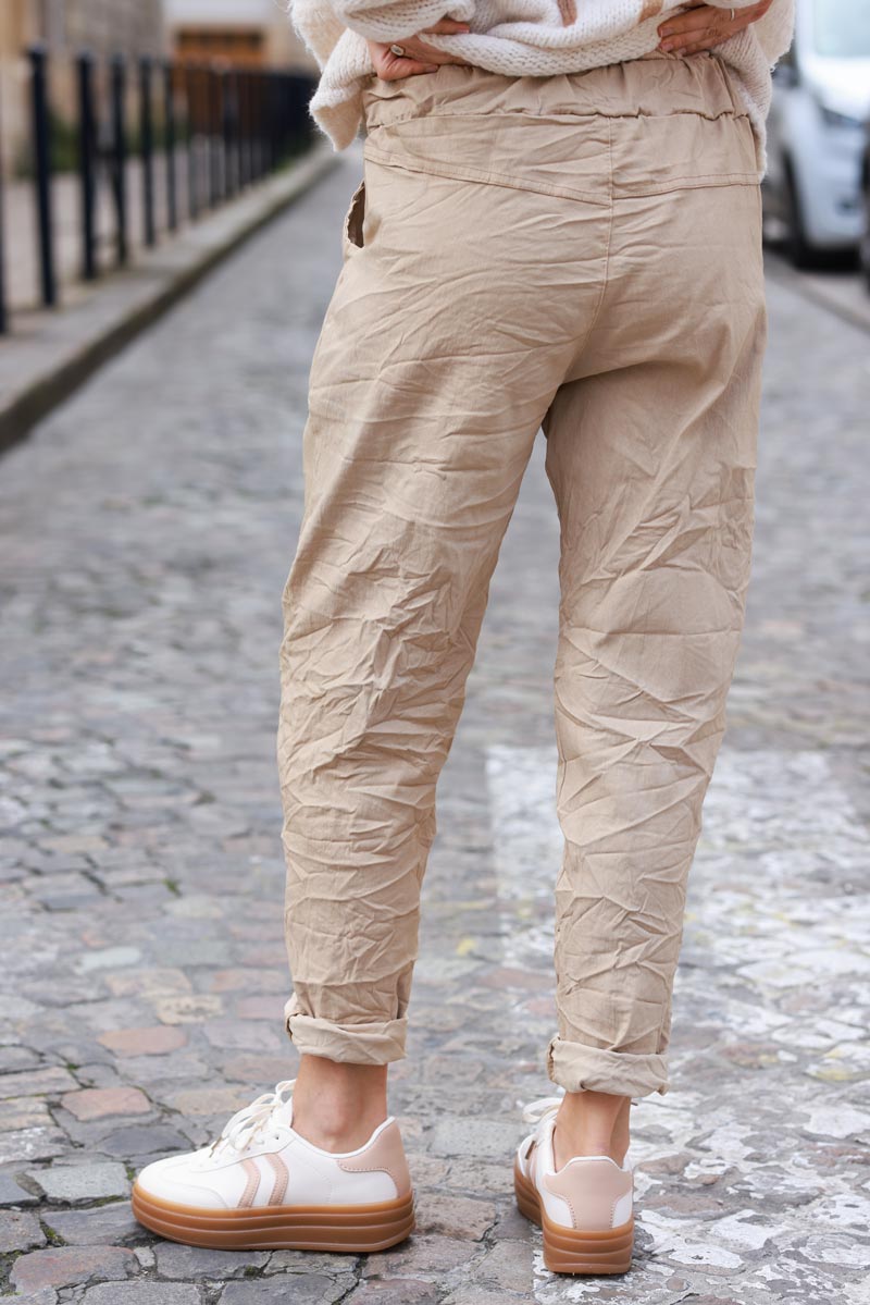 Ice Brown creased effect trousers elasticated waist