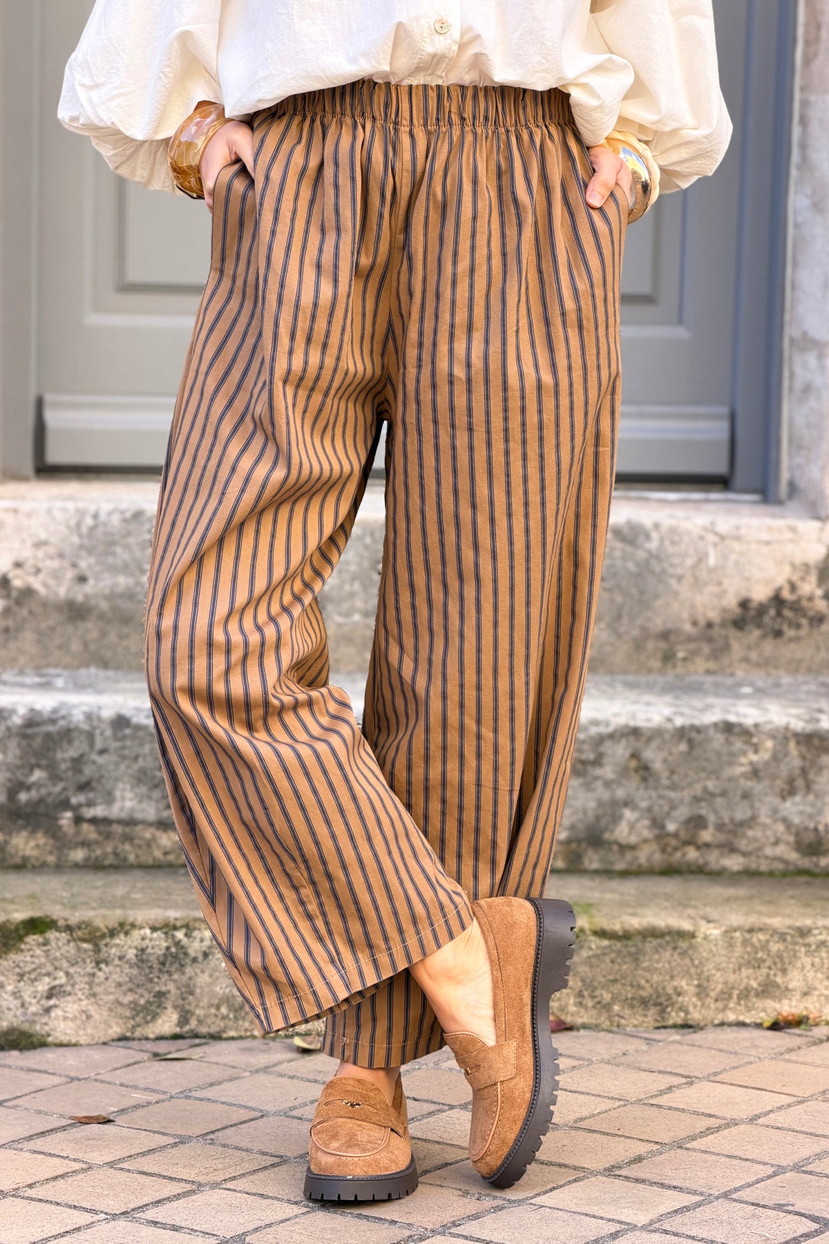 Camel Wide-Leg Pinstripe Pants
