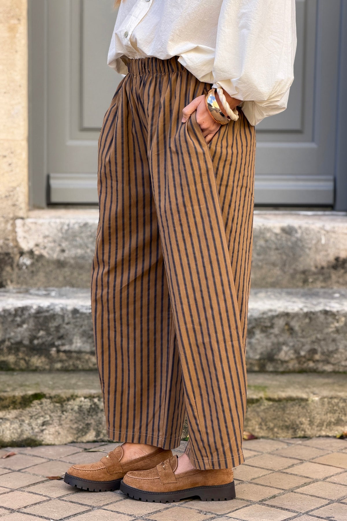 Camel Wide-Leg Pinstripe Pants
