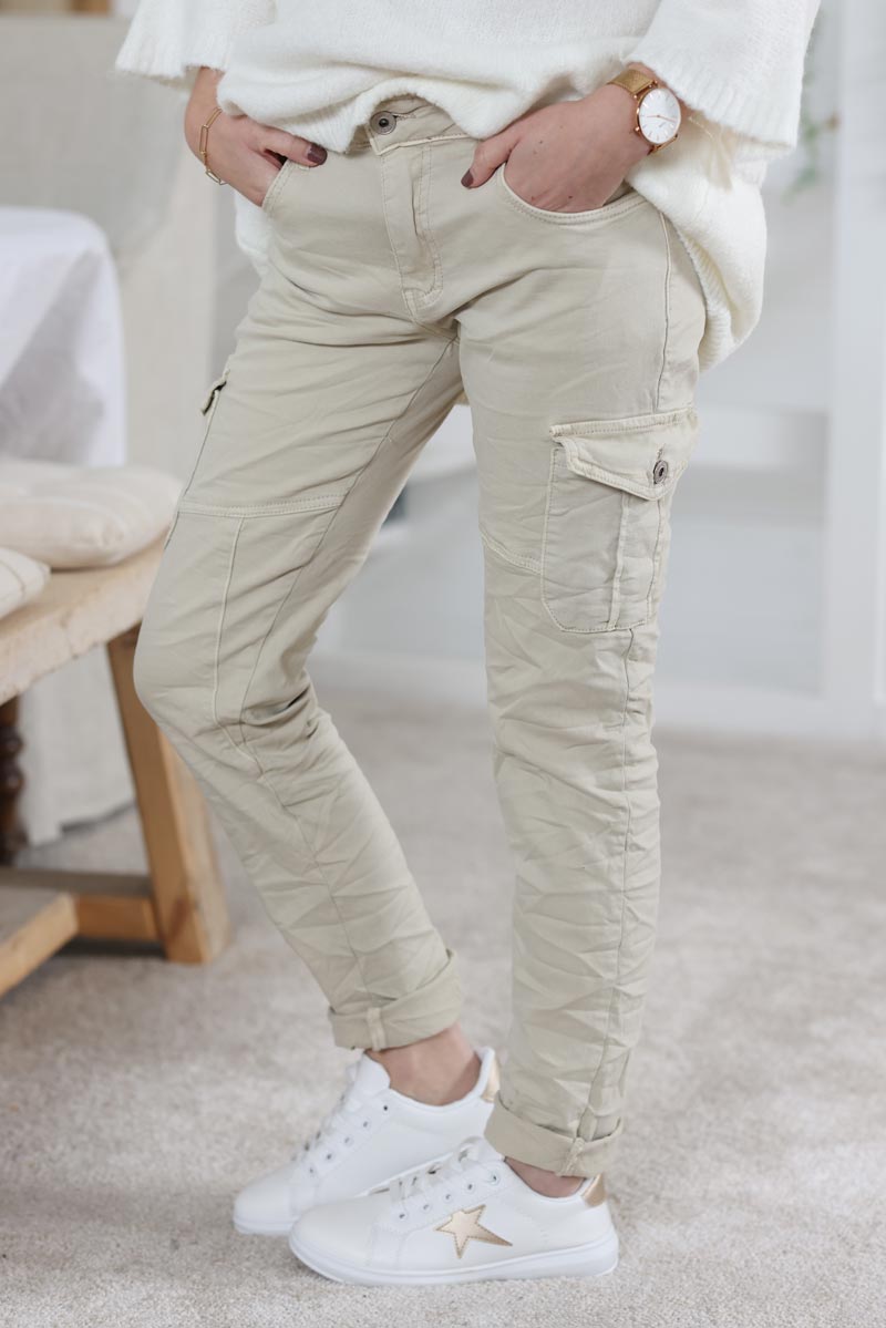 Pantalon cargo beige stretch grandes poches H020 (1)
