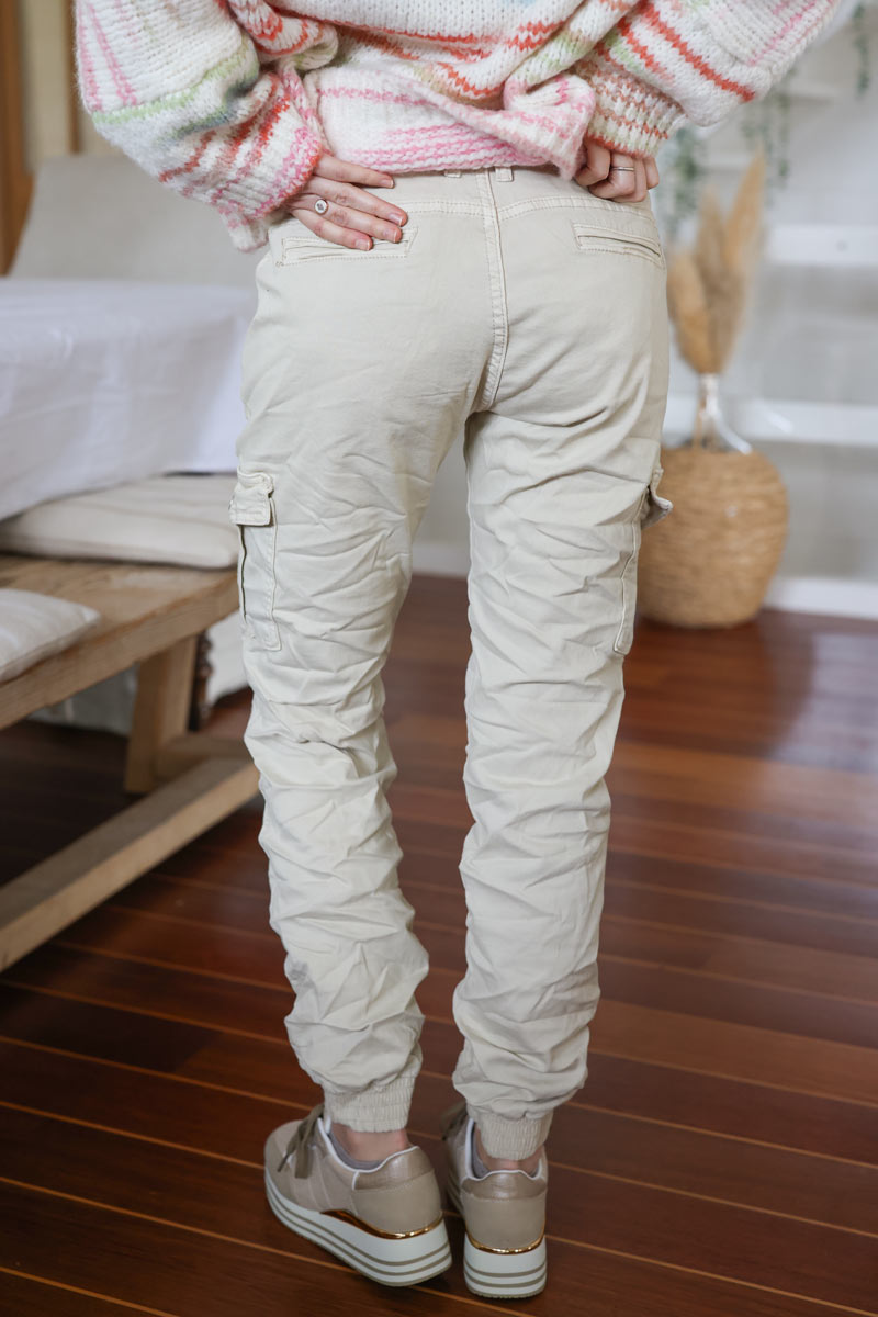 Slim fit cargo pants with elasticated cuffs in beige