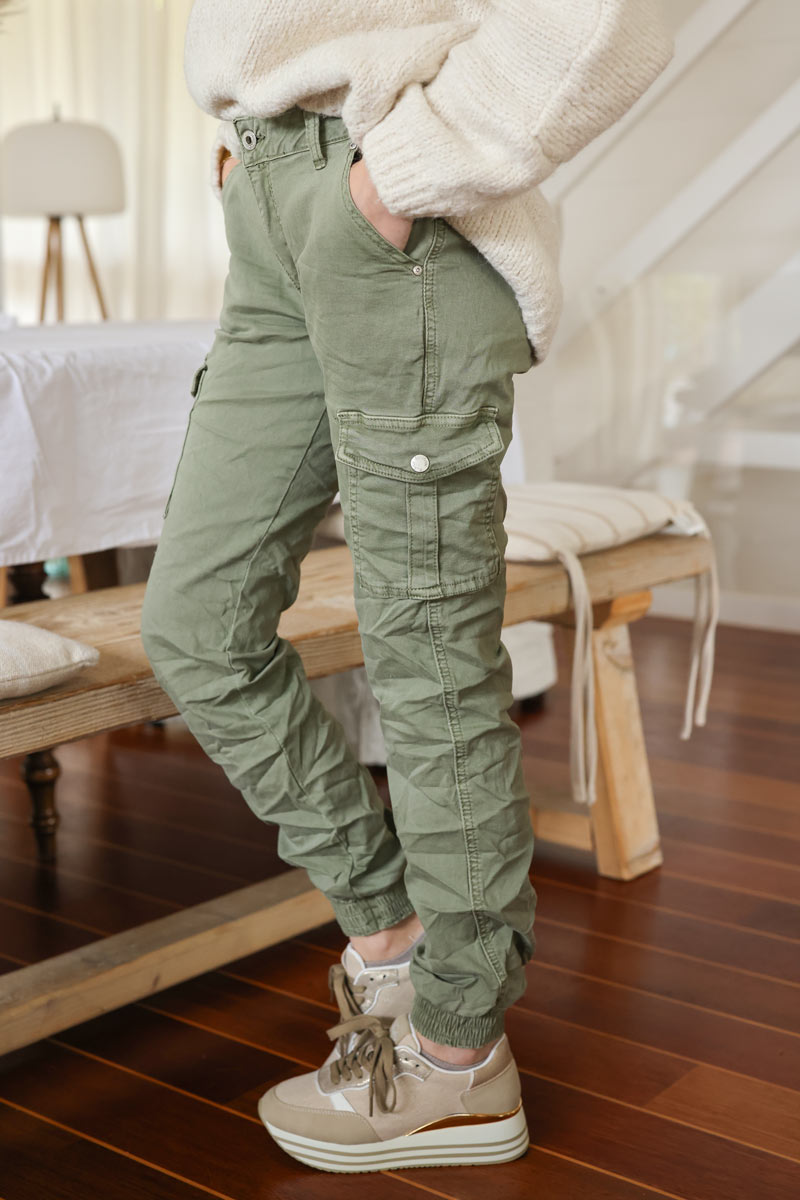Slim fit cargo pants with elasticated cuffs in khaki